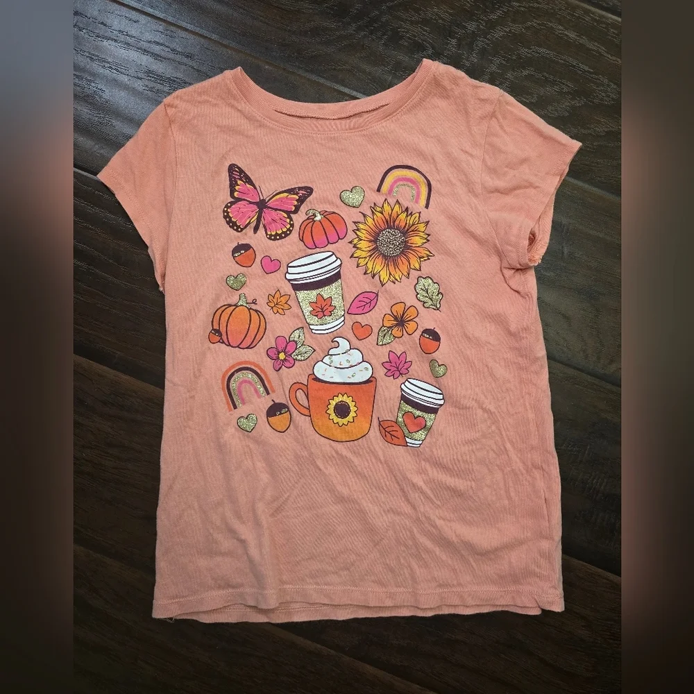 Children's Place Orange Fall Pumpkin Latte Casual Girls Tee Shirt Large